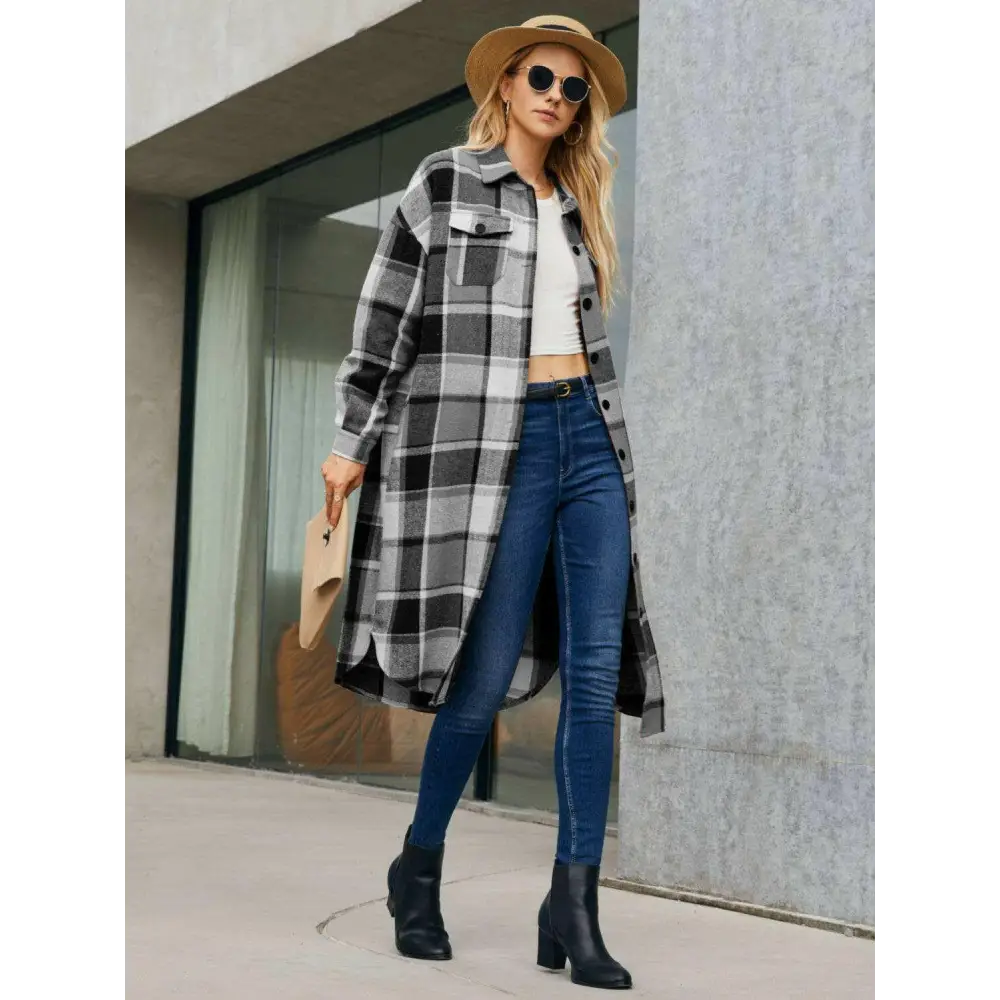 Elevate your wardrobe with the plaid pocketed button up trench coat $43 basic style that embodies simplicity