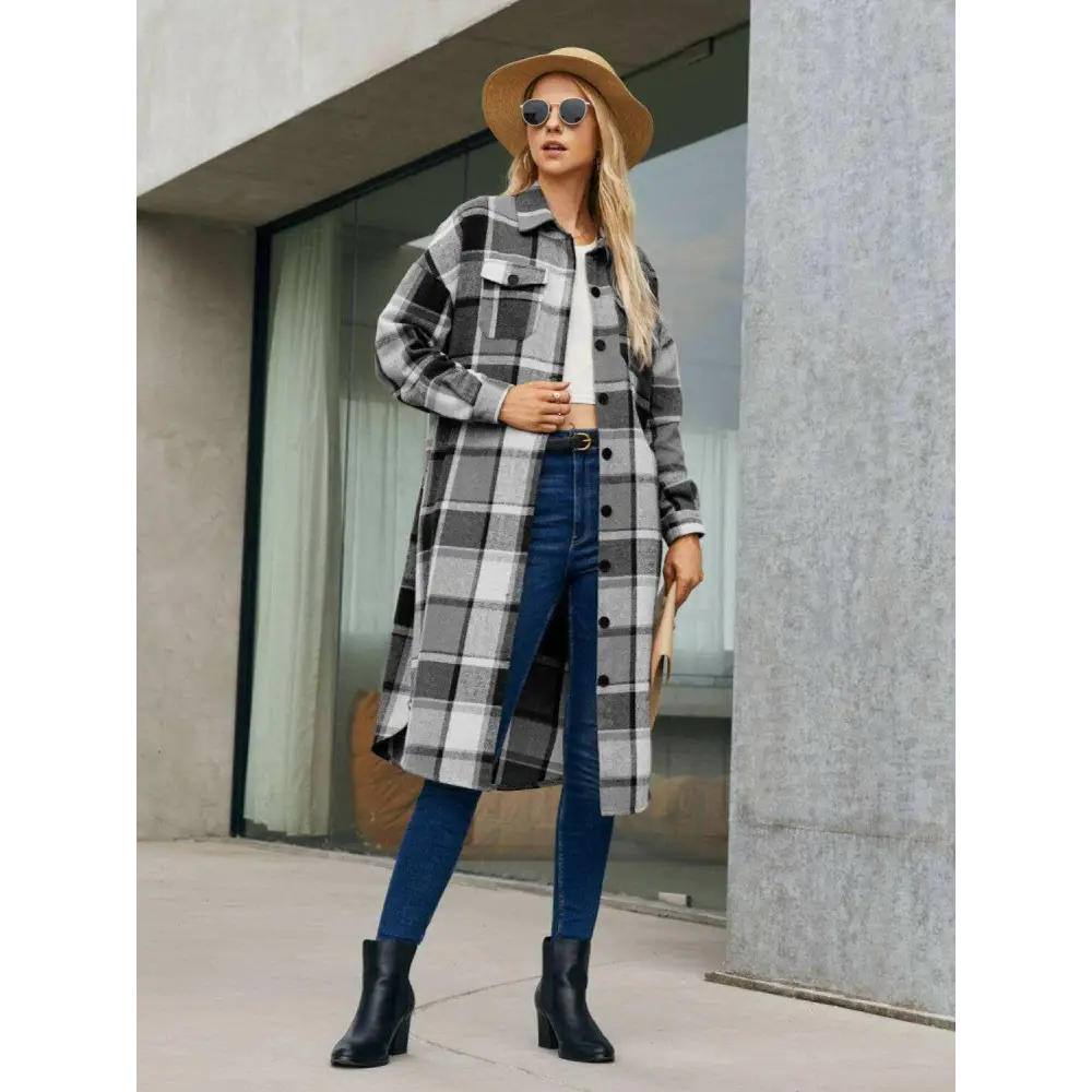 Elevate your wardrobe with the plaid pocketed button up trench coat $43 basic style that embodies simplicity