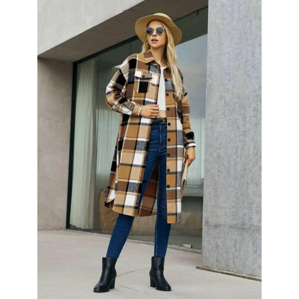 Elevate your wardrobe with the plaid pocketed button up trench coat $43 basic style that embodies simplicity