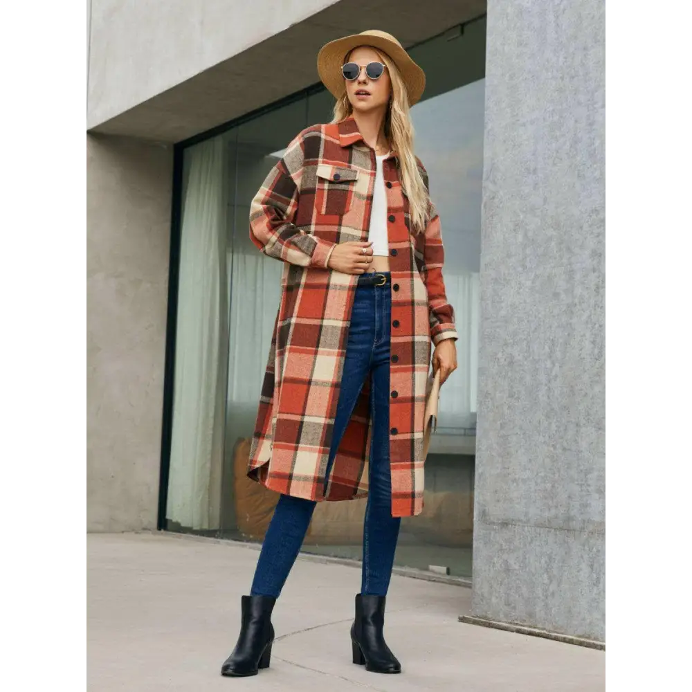 Elevate your wardrobe with the plaid pocketed button up trench coat $43 basic style that embodies simplicity