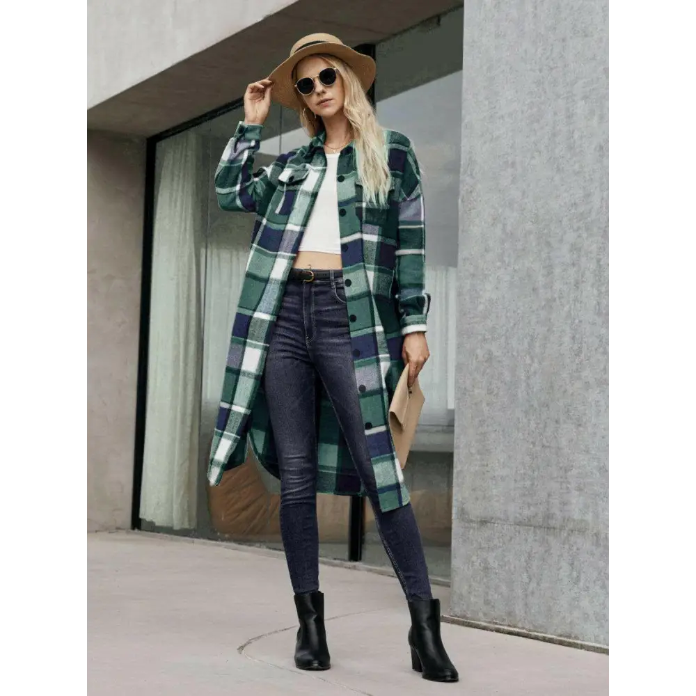 Elevate your wardrobe with the plaid pocketed button up trench coat $43 basic style that embodies simplicity