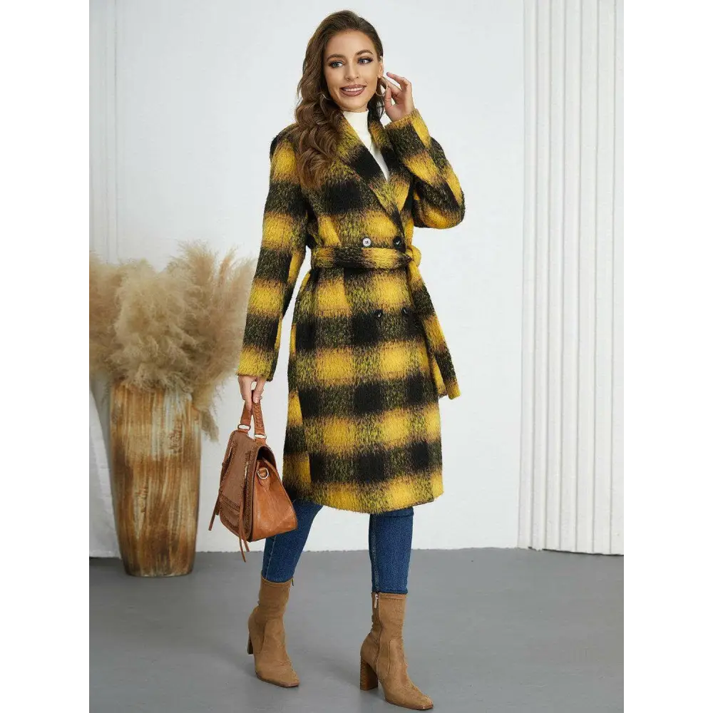 Plaid tie waist long sleeve coat in timeless luxury fashion for women $108.34 elevate your wardrobe with this chic