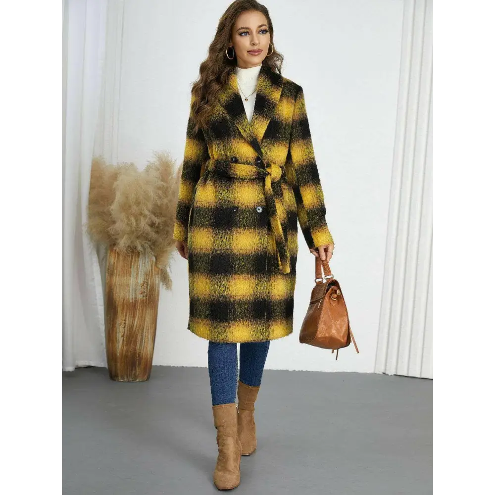 Plaid tie waist long sleeve coat in timeless luxury fashion for women $108.34 elevate your wardrobe with this chic