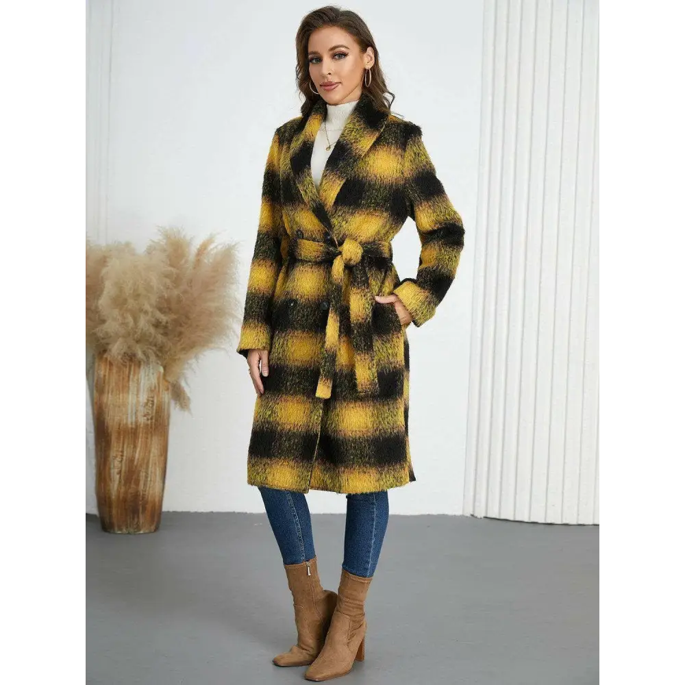 Plaid tie waist long sleeve coat in timeless luxury fashion for women $108.34 elevate your wardrobe with this chic