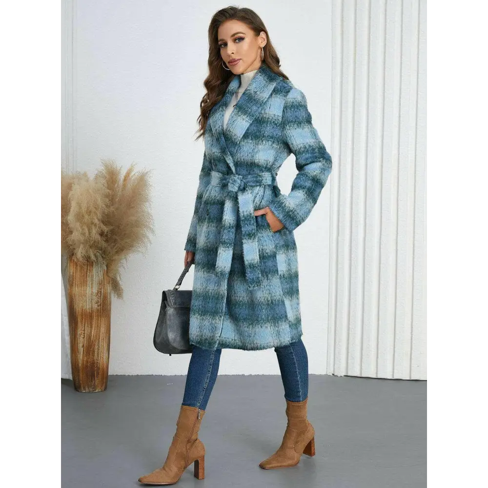 Plaid tie waist long sleeve coat in timeless luxury fashion for women $108.34 elevate your wardrobe with this chic