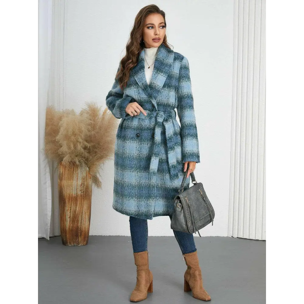 Plaid tie waist long sleeve coat in timeless luxury fashion for women $108.34 elevate your wardrobe with this chic