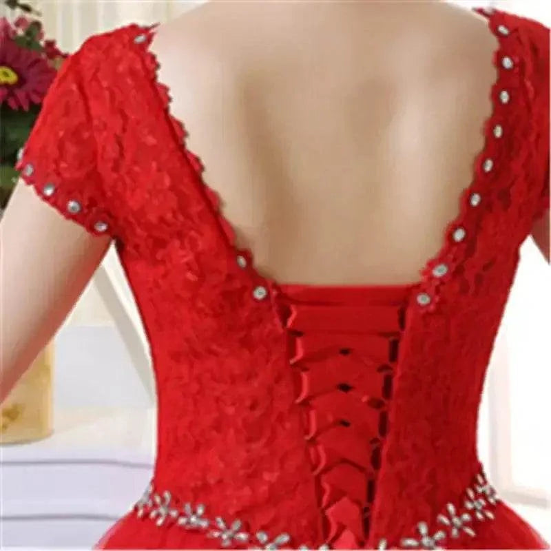 Plus size Vestidos elegant red lace dress with short sleeves, deep back lace-up detail, and crystal embellishments