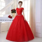 Plus size Vestidos red floor-length polyester ball gown wedding dress with lace, sequins, O-neck and short sleeves