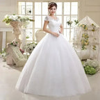 Plus size Vestidos white polyester lace ball gown wedding dress with short off the shoulder sleeves and O-neck