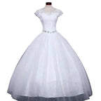 Plus size Vestidos white lace ball gown wedding dress with O-neck, short sleeves, sequins and appliques details