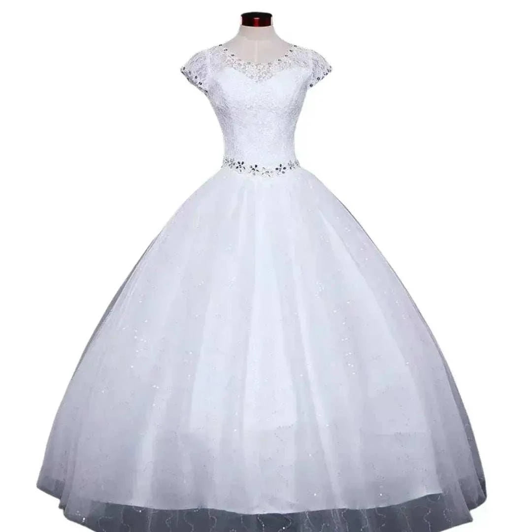 Plus size Vestidos white lace ball gown wedding dress with O-neck, short sleeves, sequins and appliques details