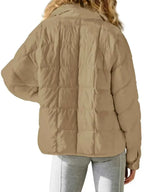 Pocketed Plaid Quilted beige polyester quilted zip up winter coat with long sleeves and a relaxed fit shown from the back