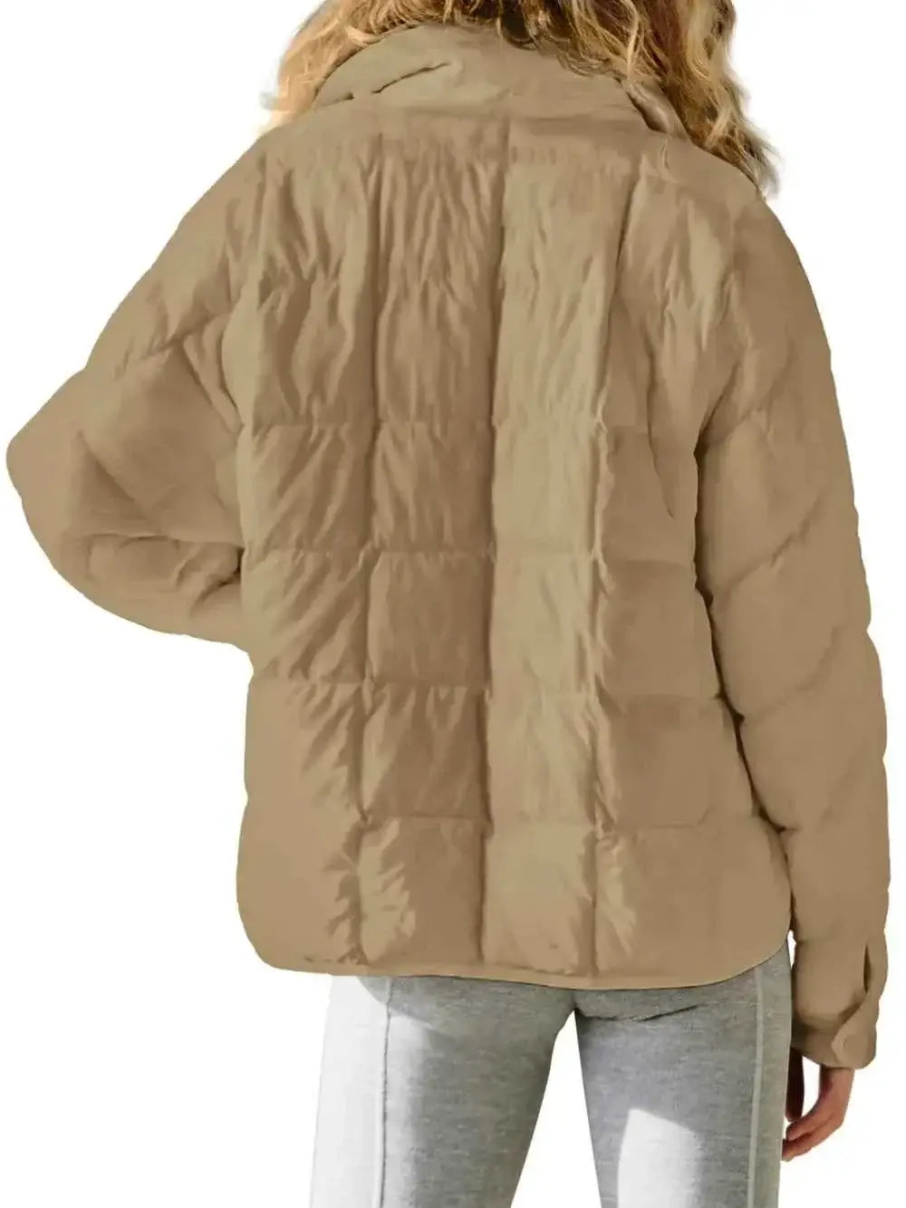 Pocketed Plaid Quilted beige polyester quilted zip up winter coat with long sleeves and a relaxed fit shown from the back