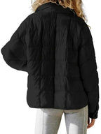 Pocketed Plaid Quilted black polyester quilted jacket with long sleeves and a relaxed fit shown from the back