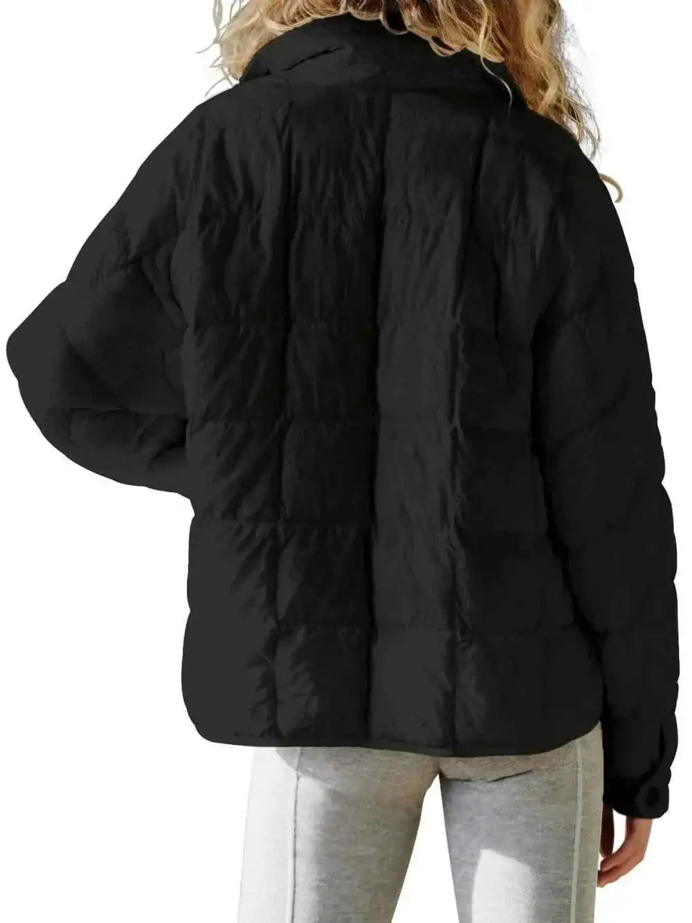 Pocketed Plaid Quilted black polyester quilted jacket with long sleeves and a relaxed fit shown from the back