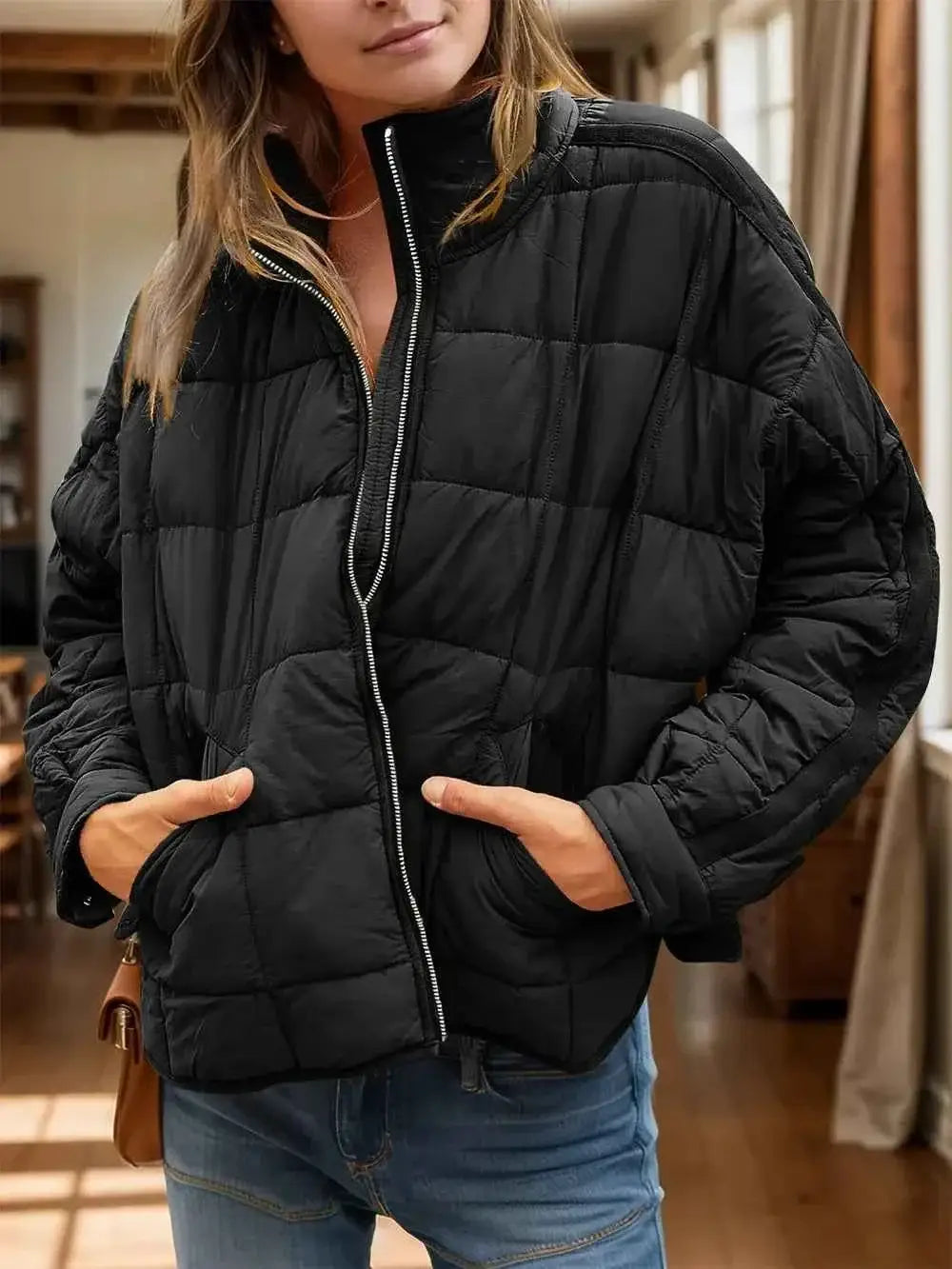 Pocketed Plaid Quilted black polyester zip-up winter coat with plaid quilted pattern and side pockets