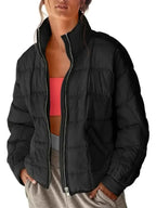 Pocketed Plaid Quilted black zip-up puffer jacket with stand collar and side pockets, worn over activewear
