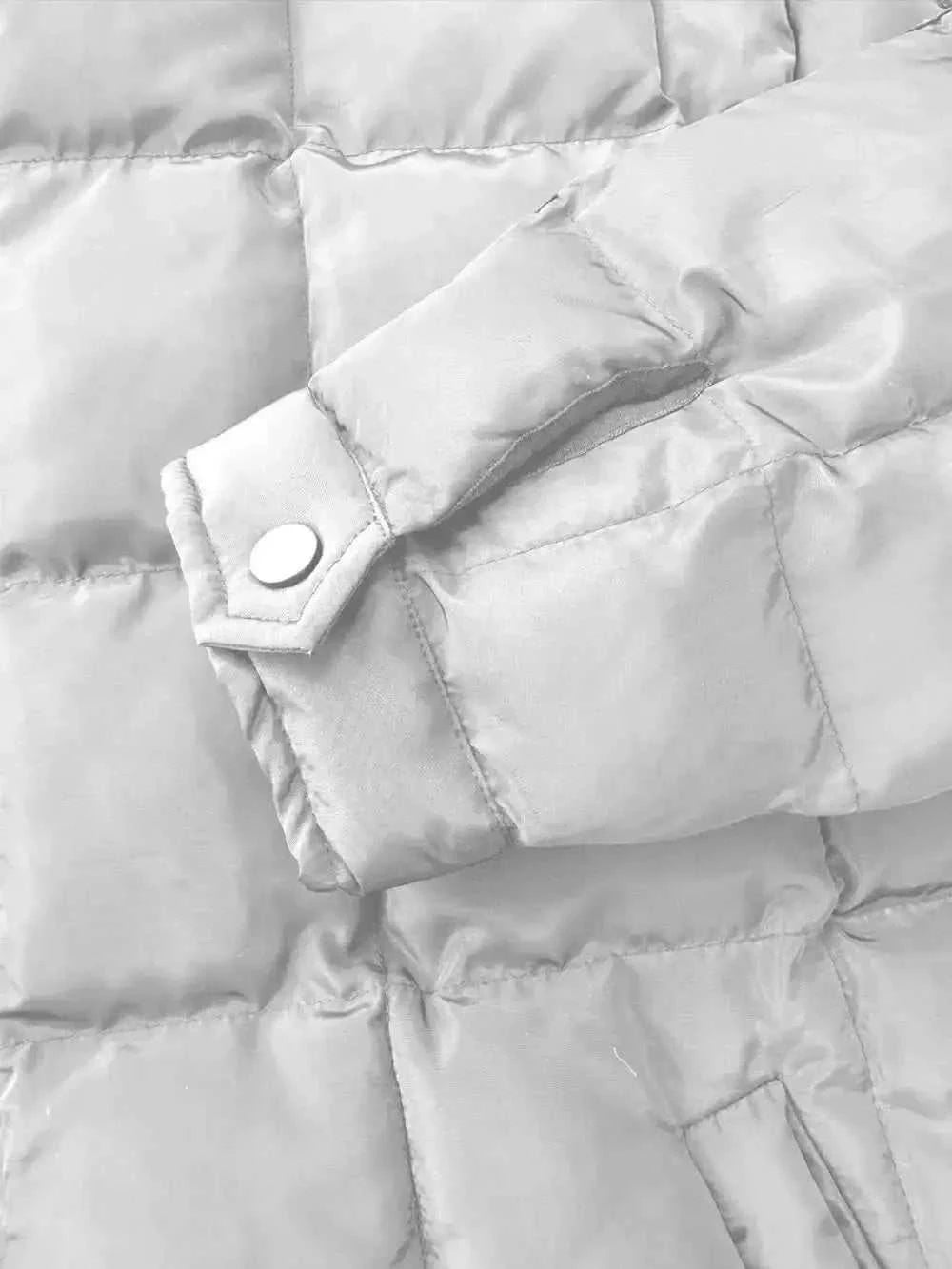 Pocketed Plaid Quilted light grey polyester puffer jacket sleeve with snap button cuff detail and quilted stitching