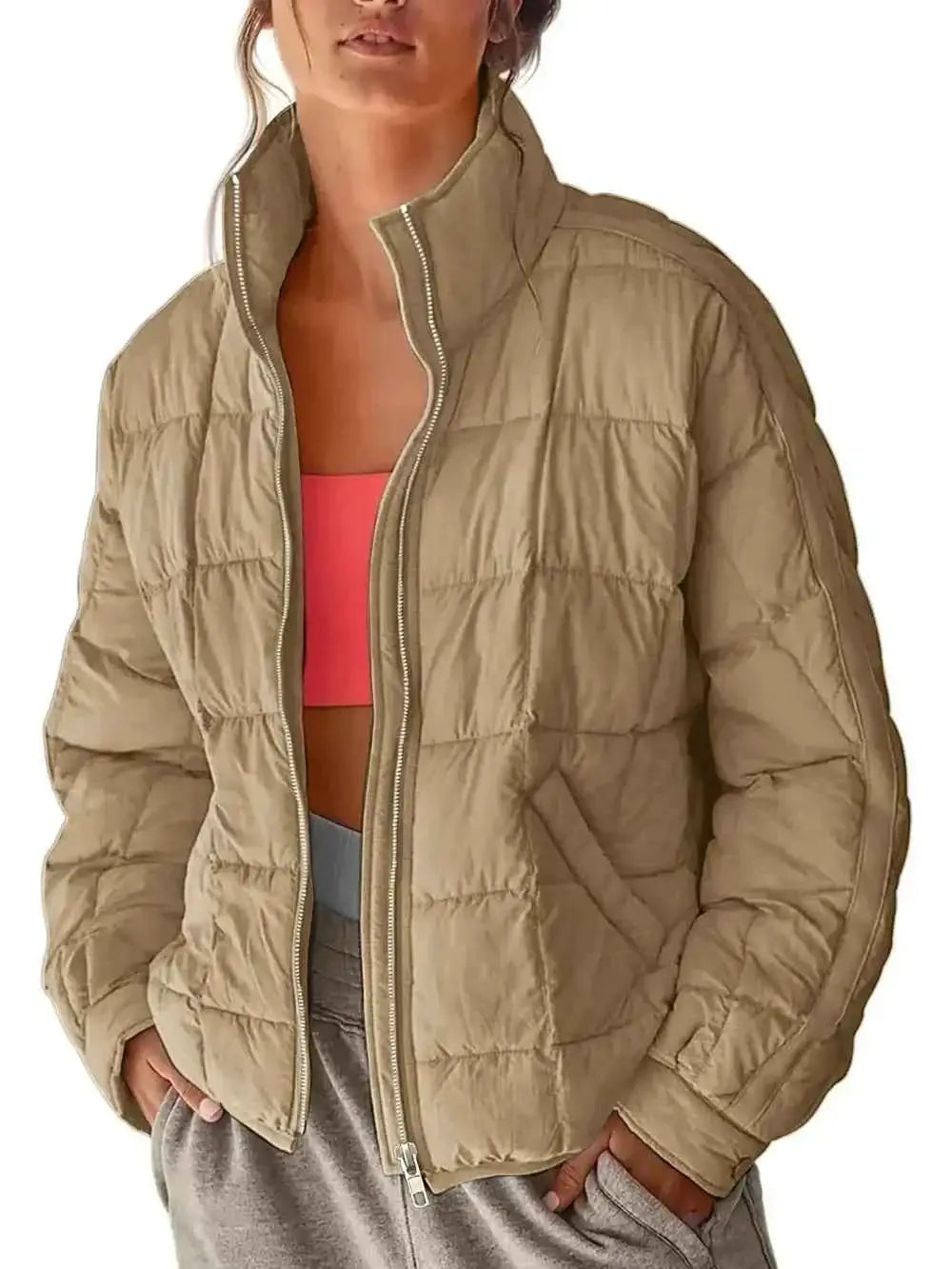 Pocketed Plaid Quilted beige zip-up quilted polyester jacket with high collar and side pockets
