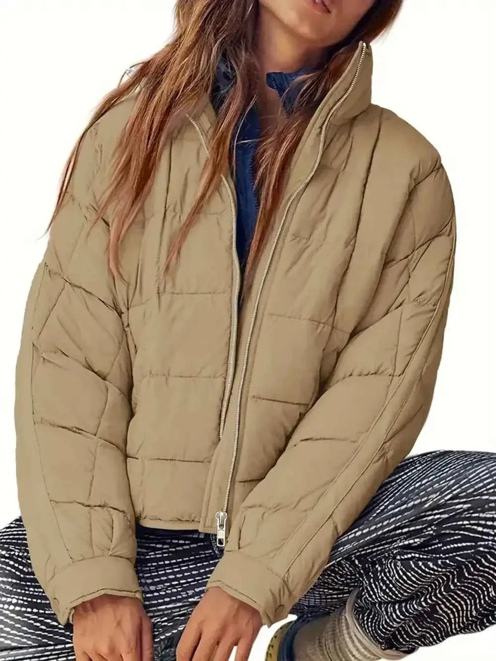 Pocketed Plaid Quilted tan zip-up winter coat with quilted pattern, high collar, and long sleeves
