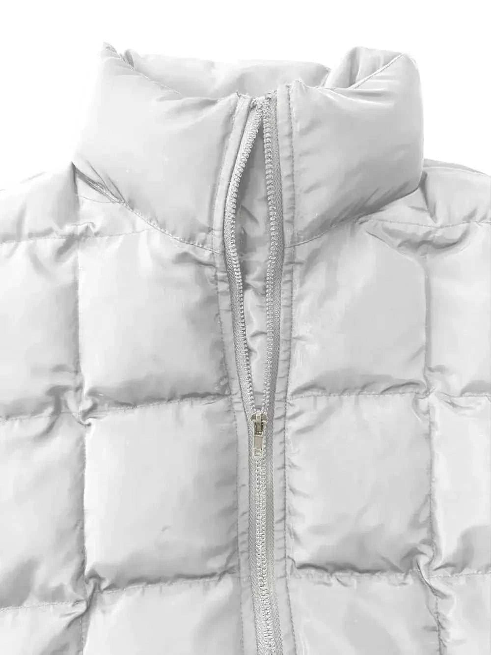 Pocketed Plaid Quilted white polyester puffer zip-up winter coat with high collar and horizontal stitching