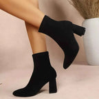 Point Toe Block Heel black suede ankle boots with mid-height block heels and a side zipper