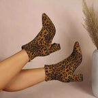 Point Toe Block Heel ankle boots in leopard print suede with mid-height block heels and side zipper closure