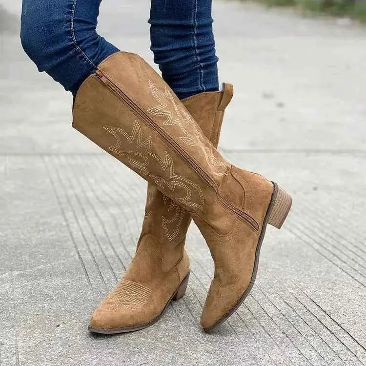 Point Toe Block Heels boots in tan suede with decorative stitching and side zipper, featuring mid-height block heels.