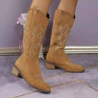 Point Toe Block Heels boots in tan suede with decorative stitching and a mid-height wooden block heel design.
