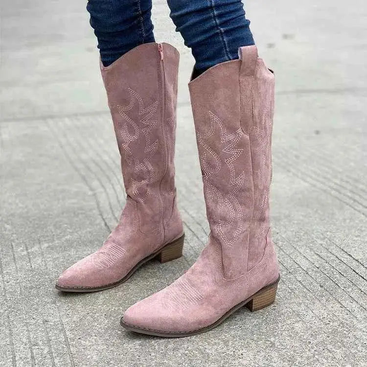 Point Toe Block Heels knee-high boots in dusty pink suede with decorative stitching and mid-height wooden block heels.