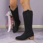 Point Toe Block Heels black suede knee-high boots with a mid-height wooden block heel and pull tabs at the top.