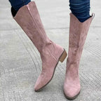 Point Toe Block Heels boots in dusty pink suede with mid-height block heels and side zipper closure, featuring subtle stitched design.