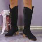 Black suede knee-high boots with brown rubber block heels and side zipper featuring Point Toe Block Heels design