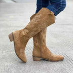 Tan suede knee-high boots with decorative stitching and mid-height wooden block heels featuring Point Toe Block Heels design.