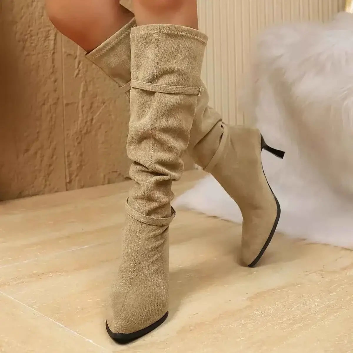 Point Toe Kitten Heels boots in beige suede with slouchy design and pointed toe detailing on black rubber sole.