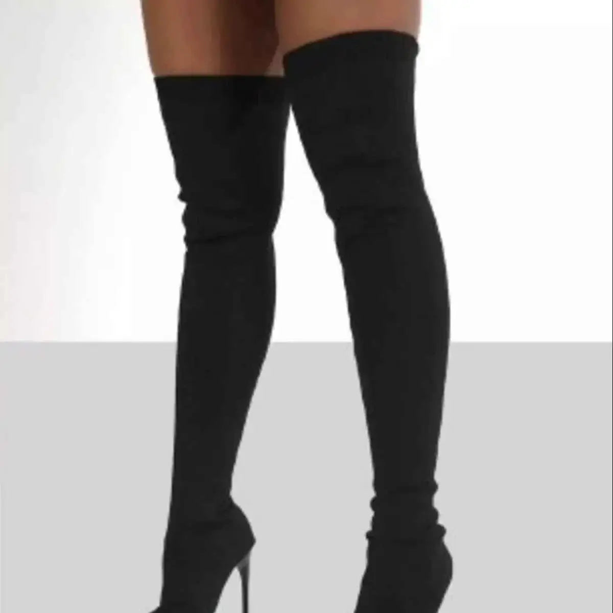 Black mesh thigh-high Point Toe Stiletto Boots featuring high heels and a sleek, fitted silhouette.