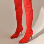 Point Toe Stiletto Boots in bright red fabric with a pointed toe and high, slim stiletto heel extending above the knee.