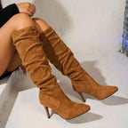 Point Toe Stiletto Boots in brown suede material with slouchy shaft and high thin heels for a stylish look