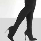 Black mesh and rubber high heel thigh-high Point Toe Stiletto Boots with a pointed toe and slim stiletto heel design.