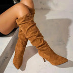 Point Toe Stiletto Boots in brown suede with a slouchy design and pointed toe, featuring high stiletto heels.