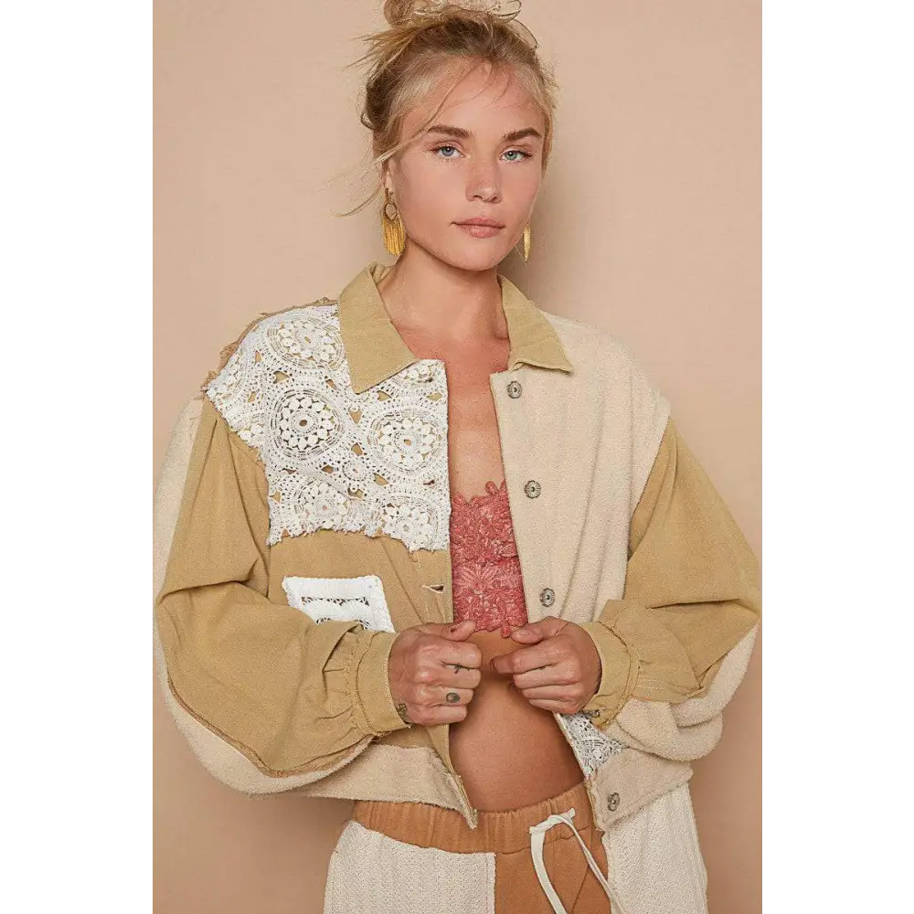 Exquisite crochet patch jacket in timeless luxury fashion for women $59.40 the crochet patch exposed seam button up