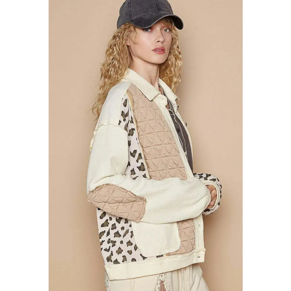 Leopard exposed seam button up jacket in luxury fashion for women $66.26 the leopard exposed seam button up quilted