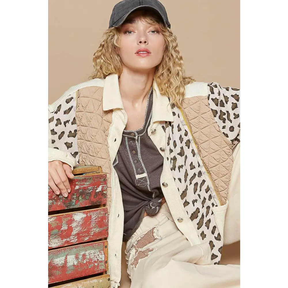 Leopard exposed seam button up jacket in luxury fashion for women $66.26 the leopard exposed seam button up quilted