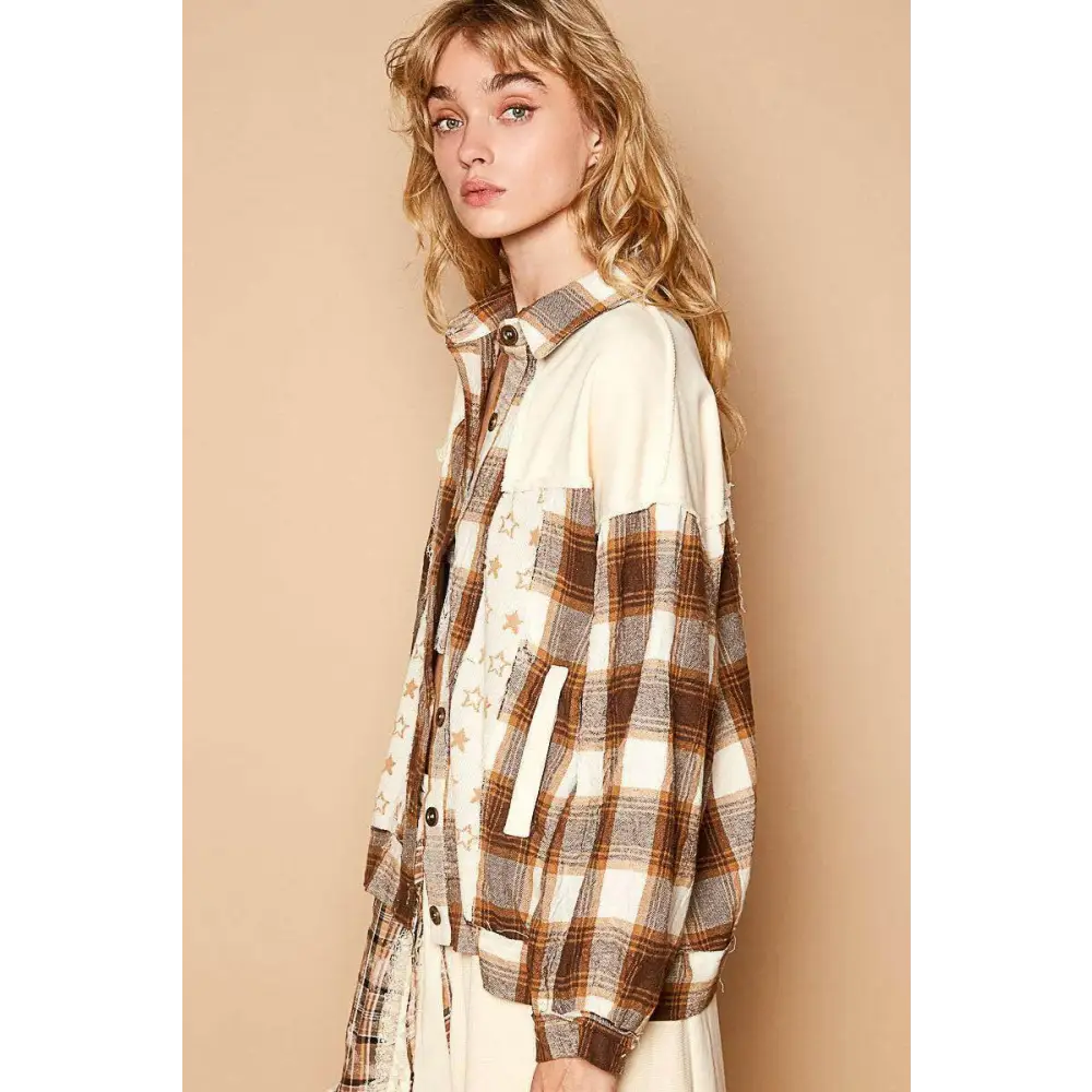 Chic plaid and star patchwork shacket for luxury fashion enthusiasts $64 the plaid & star patchwork contrast long