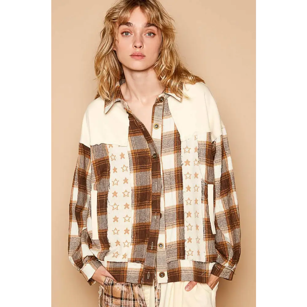 Chic plaid and star patchwork shacket for luxury fashion enthusiasts $64 the plaid & star patchwork contrast long