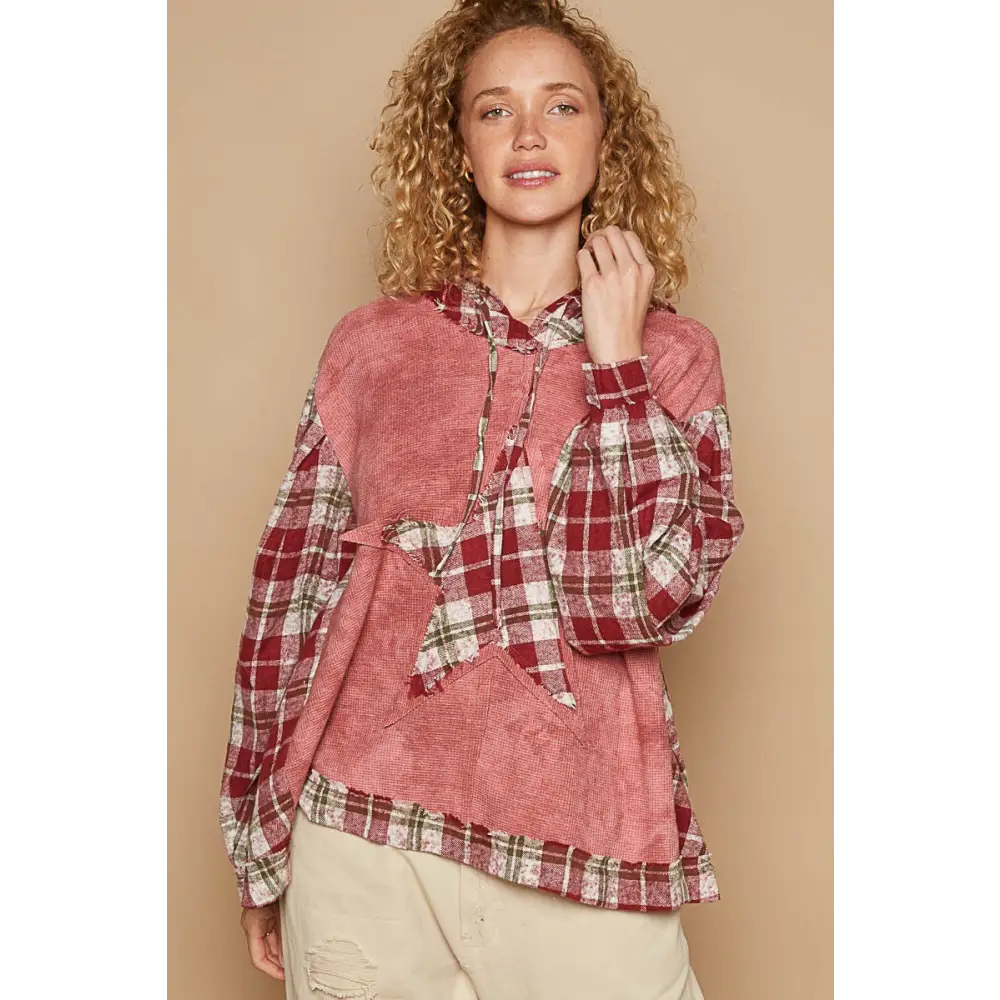 Elevate your wardrobe with the star patch plaid hooded top in luxury fashion $45.64 introducing the star patch plaid