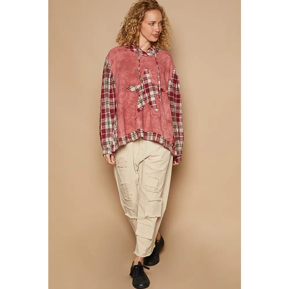 Elevate your wardrobe with the star patch plaid hooded top in luxury fashion $45.64 introducing the star patch plaid