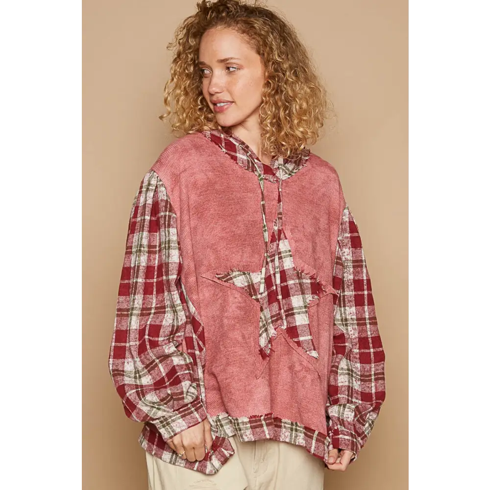 Elevate your wardrobe with the star patch plaid hooded top in luxury fashion $45.64 introducing the star patch plaid