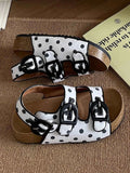 Polka Dot Double Buckle platform sandals with white PU leather featuring black polka dots and two black buckles on each sandal
