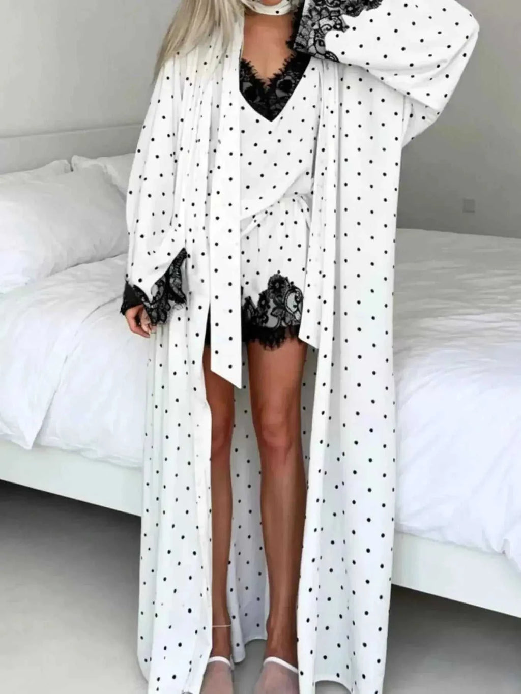 Polka Dot Lace Trim white and black three-piece cami, cardigan, and shorts set with lace trim and black polka dots